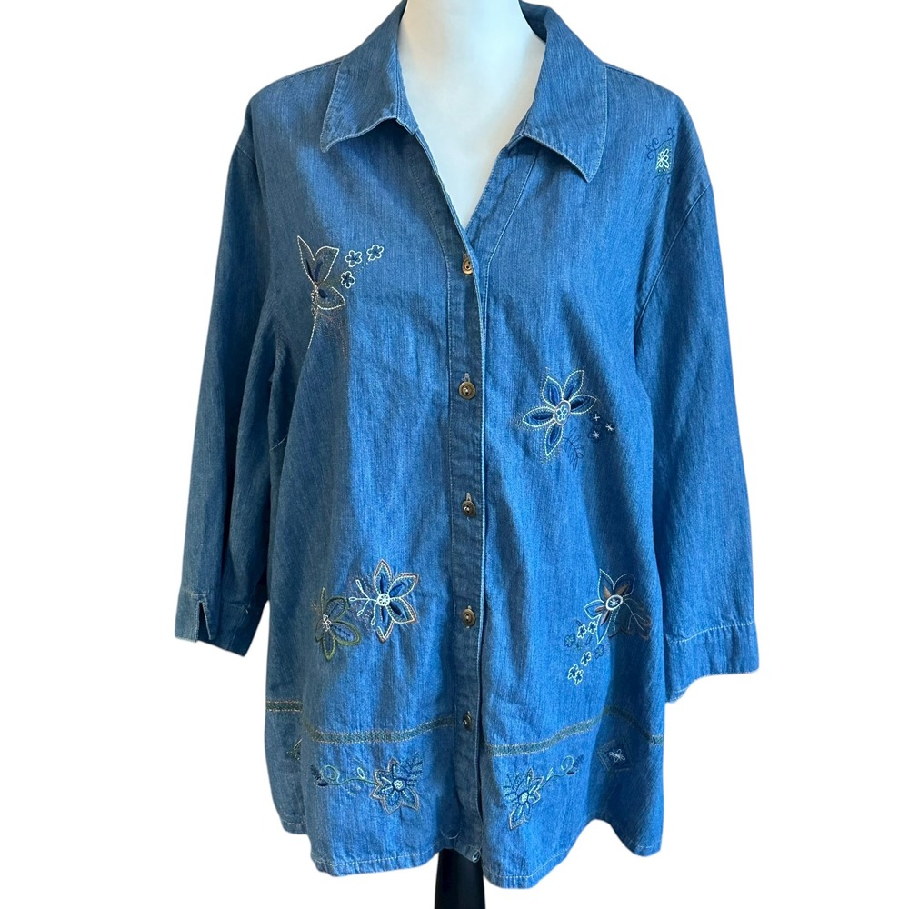 City Blues by Koret Denim Shirt 3X‎ Embroidered Flowers 3/4 Sleeve Button Up